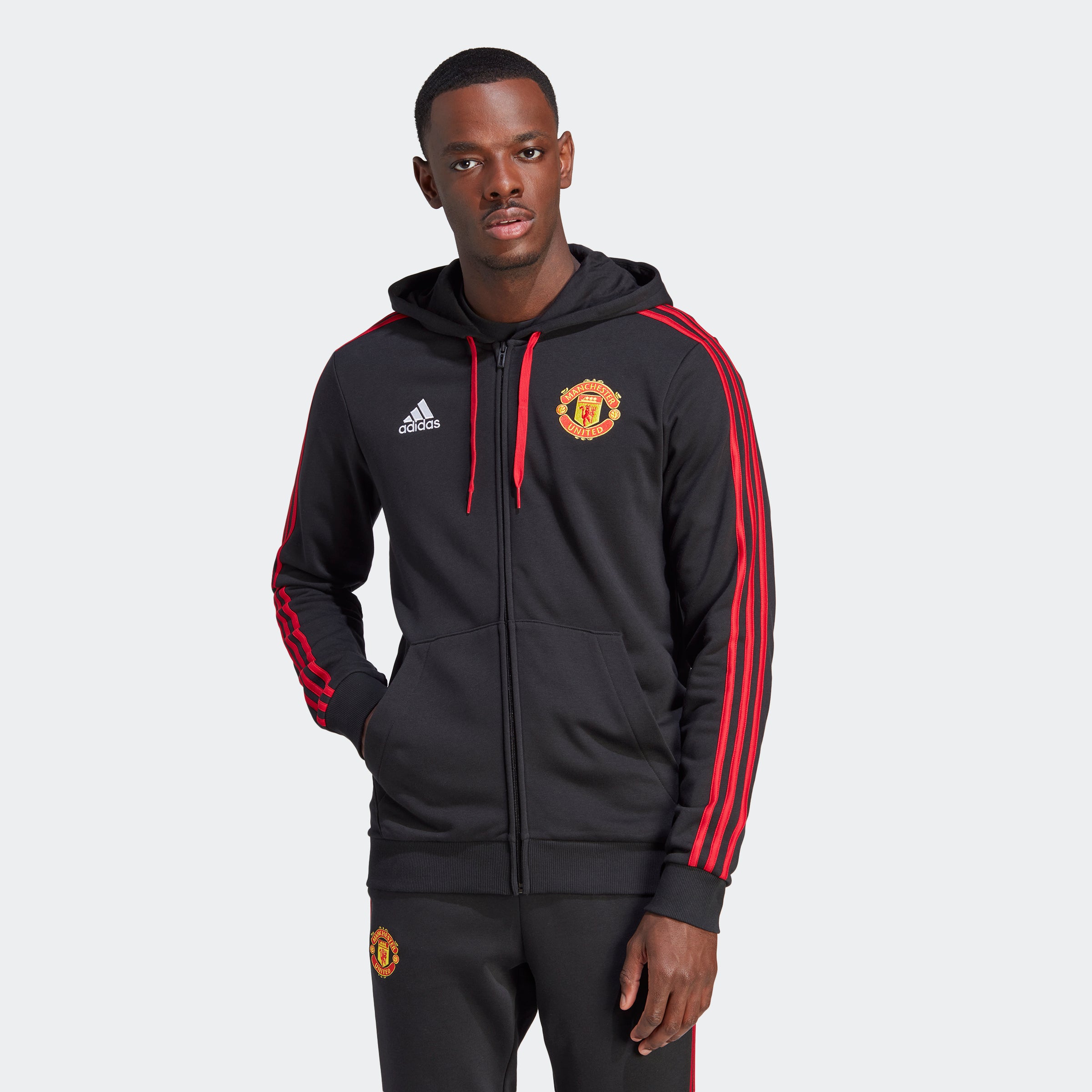 Red adidas hoodie discount with black stripes