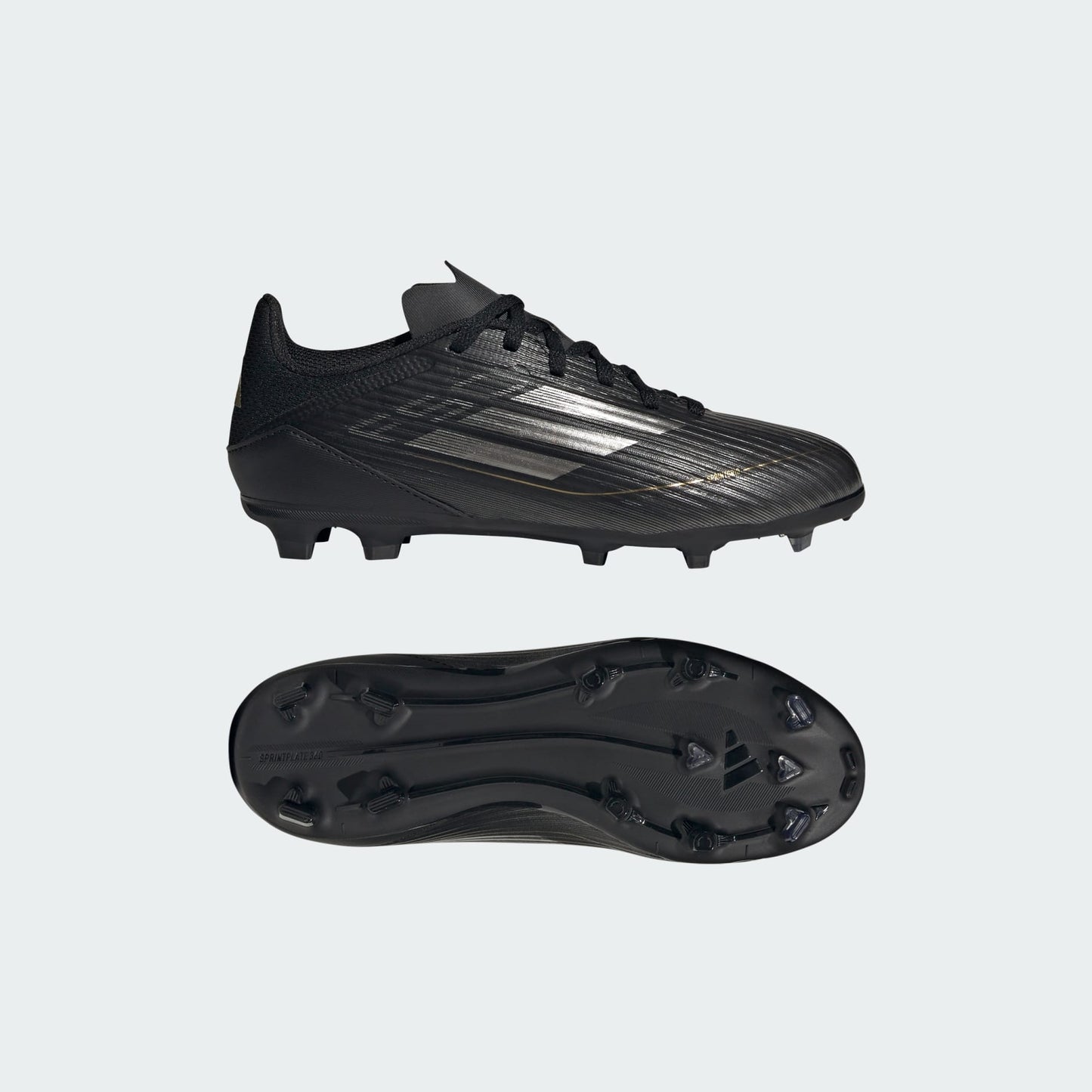 adidas F50 LEAGUE Firm/Multi-Ground Soccer Cleats | Core Black-Iron Metallic-Gold Metallic | Kid's Unisex