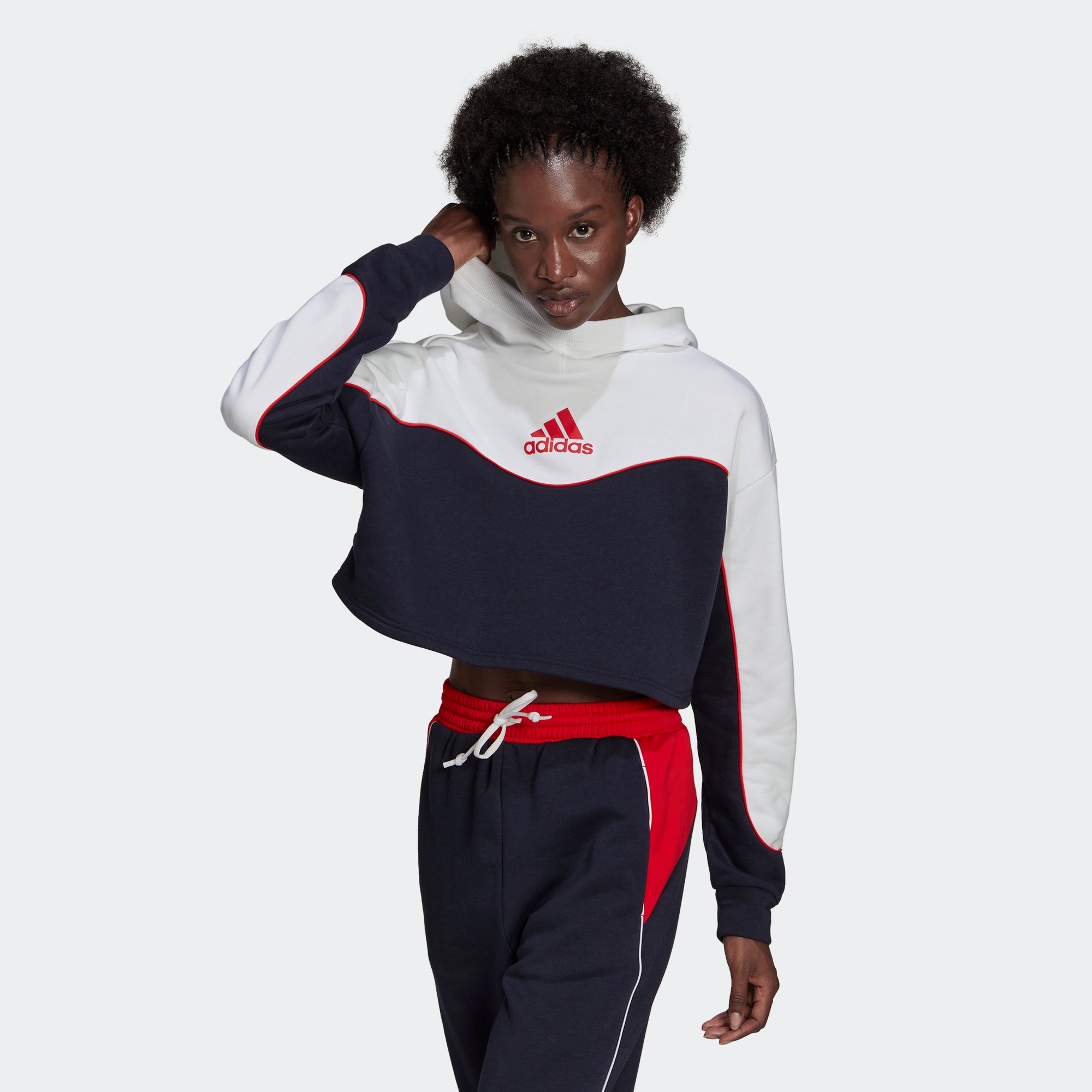 adidas ESSENTIALS COLORBLOCK 3 STRIPES Hoodie Red White Blue Women s