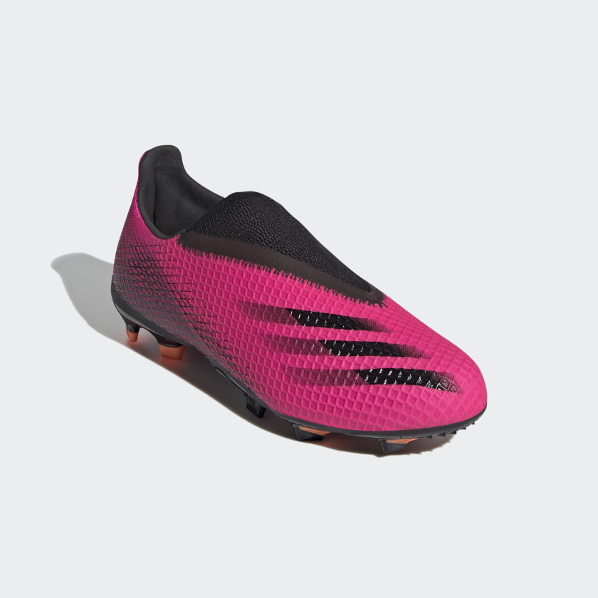 Alabama Universiteit Publicatie adidas Jr. X GHOSTED.3 LACELESS Firm Ground Soccer Cleats | Shock Pink |  stripe 3 adidas